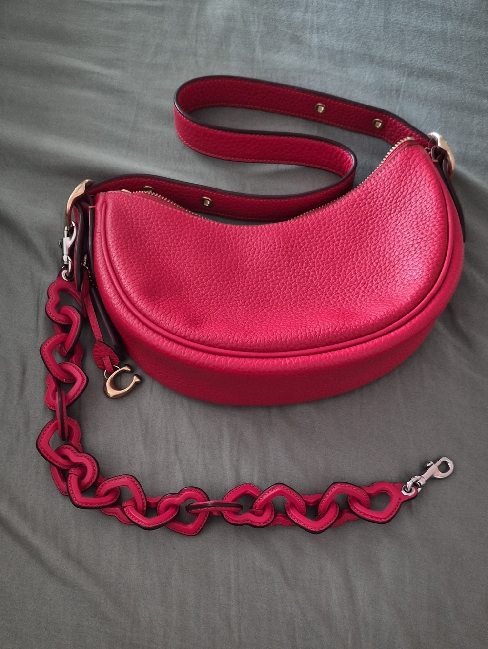 Coach Luna Red Leather Crescent Shoulder Bag with Decorative Chain